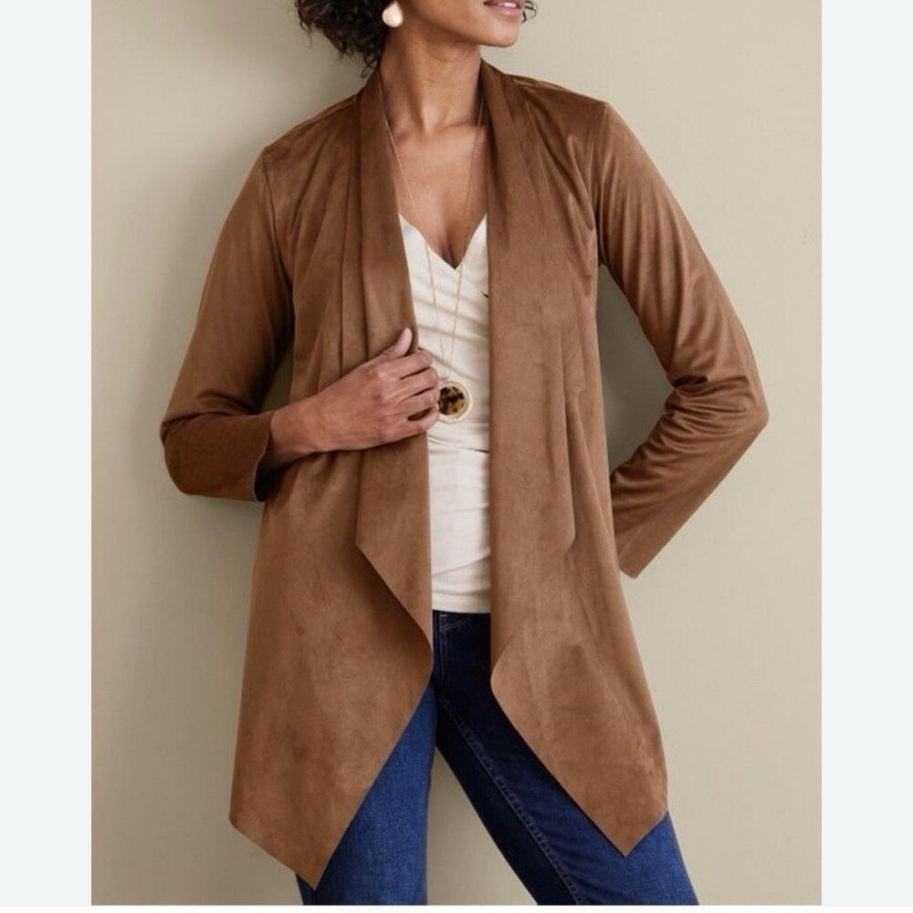 Soft Surroundings Brown Faux Suede Drape Jacket Cardigan Women's Large